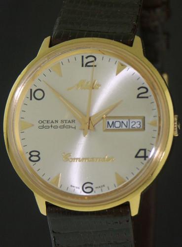 MIDO OCEAN STAR DATODAY GOLD DIAL GOLD PLAQUE CASE DAY DATE STRAP WATCH BOX  SET