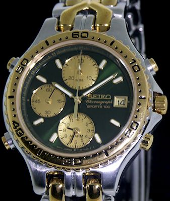 Seiko Green Alarm Chronograph 7t32-6g20 - Pre-Owned Mens Watches